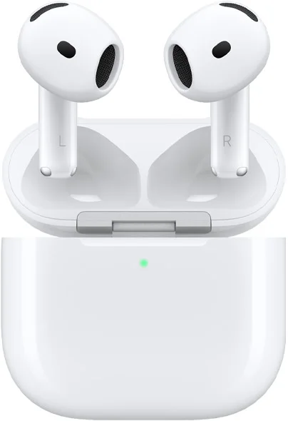 Apple AirPods 5 with Wireless Charging Case, shown open with the earbuds above it