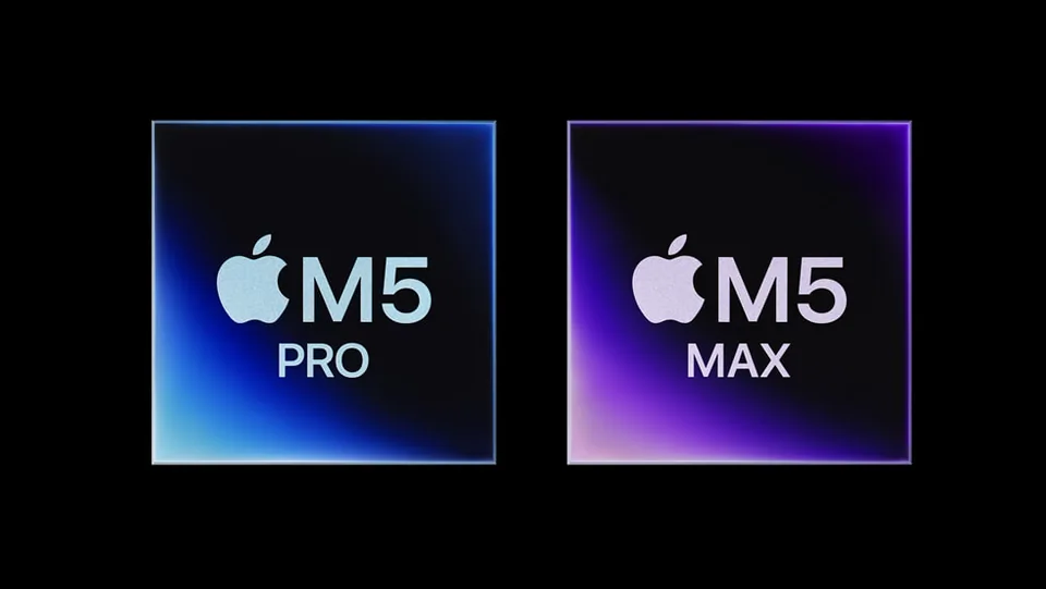 Official Apple silicon artwork showing M5 Pro on the left and M5 Max on the right, not physical-chip photographs