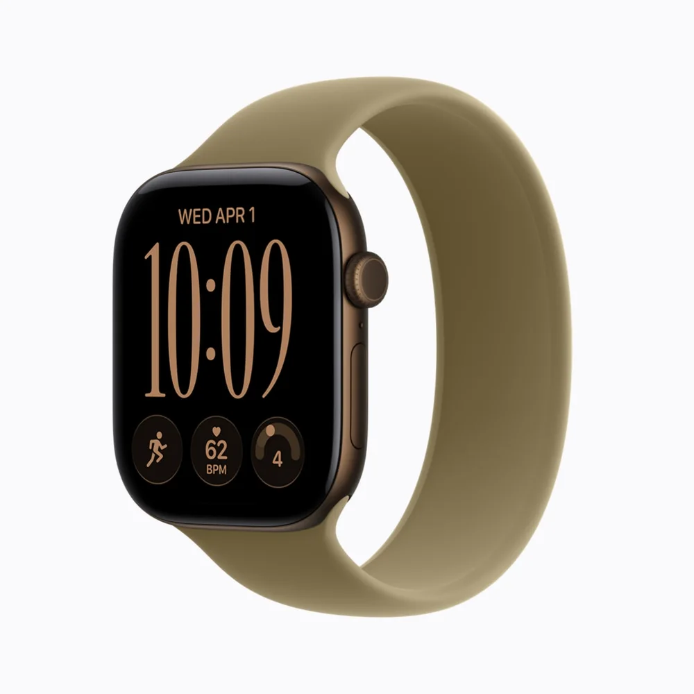Apple Watch Series 12 in dark bronze aluminum with an olive Sport Band.