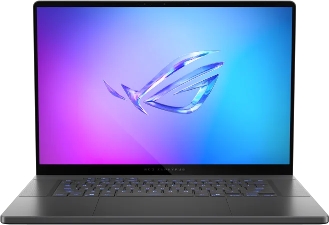 Zephyrus G16 with the with the lid open, with the ROG Fearless Eye logo on screen