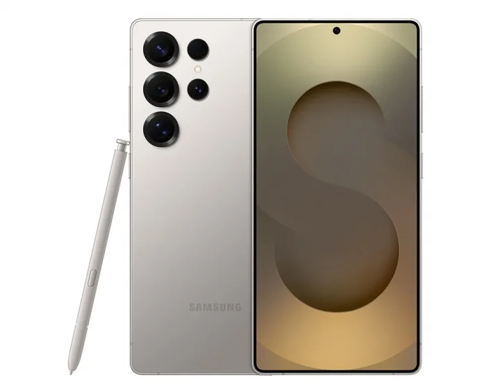 Samsung Galaxy S25 Ultra in Titanium Gray, front and back views