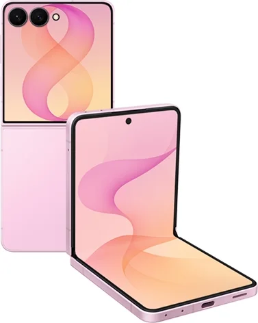 Samsung Galaxy Z Flip8 in Pink, shown open from behind and partially folded from the front.