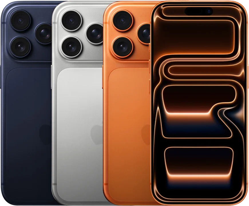 Official Apple image of the iPhone 17 Pro family in deep blue, silver and cosmic orange
