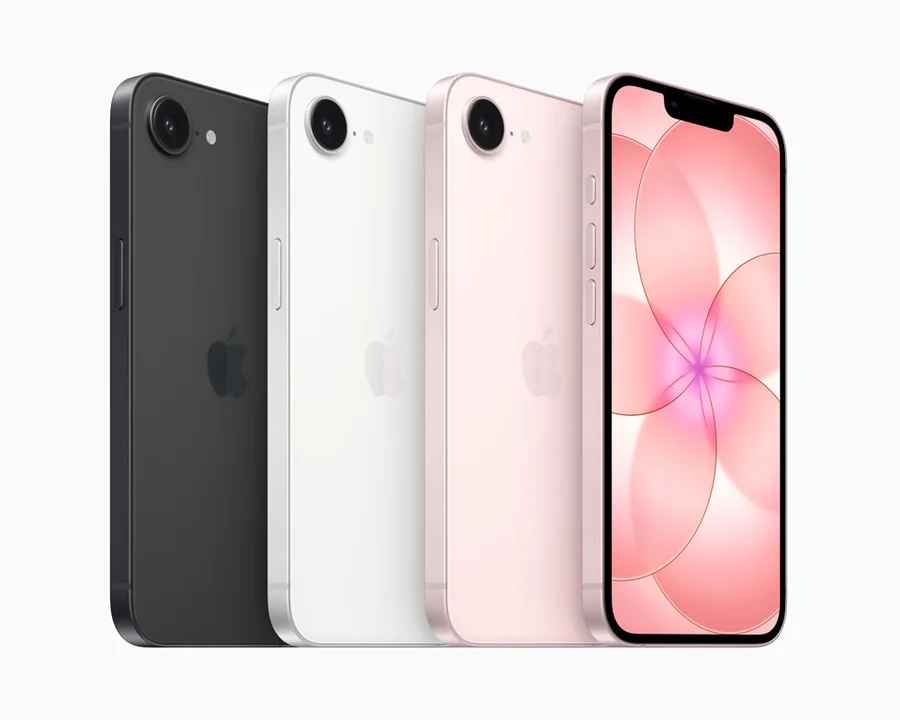 Apple iPhone 17e in black, white and soft pink, with front and back views