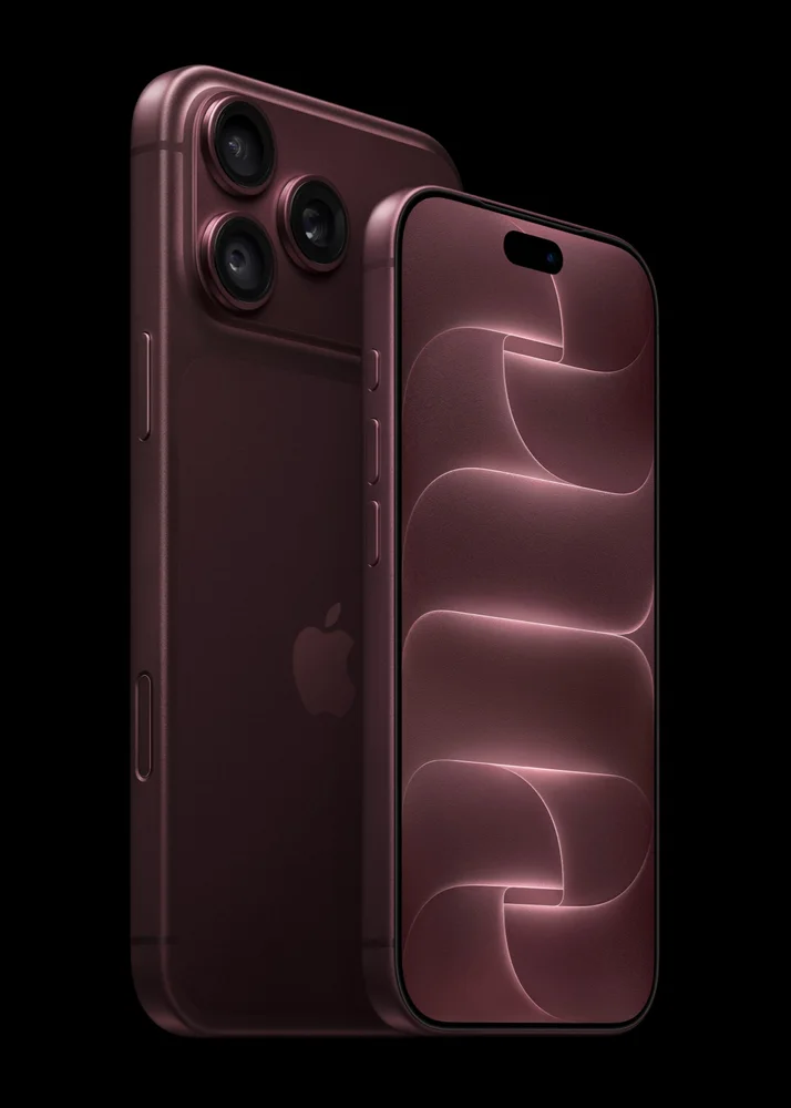 Burgundy iPhone 18 Pro in front of the rear-facing iPhone 18 Pro Max.