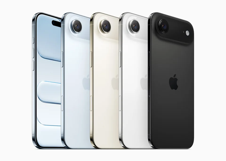 iPhone Air is shown from the back in space black, cloud white, light gold, and sky blue.