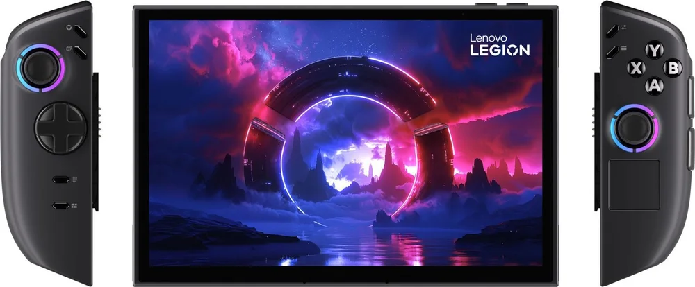 Official Lenovo render of the Legion Go Gen 2 display between its detached left and right TrueStrike controllers.