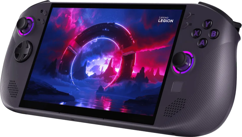 Official Lenovo render of the black Legion Go S Powered by SteamOS handheld viewed from the front left.