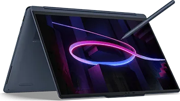 Cosmic Blue Yoga 9i 2-in-1 Gen 11 in tent mode with Yoga Pen