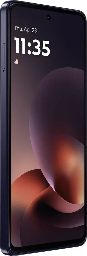 Motorola Moto G Power (2026) in PANTONE Evening Blue, front view at an angle.