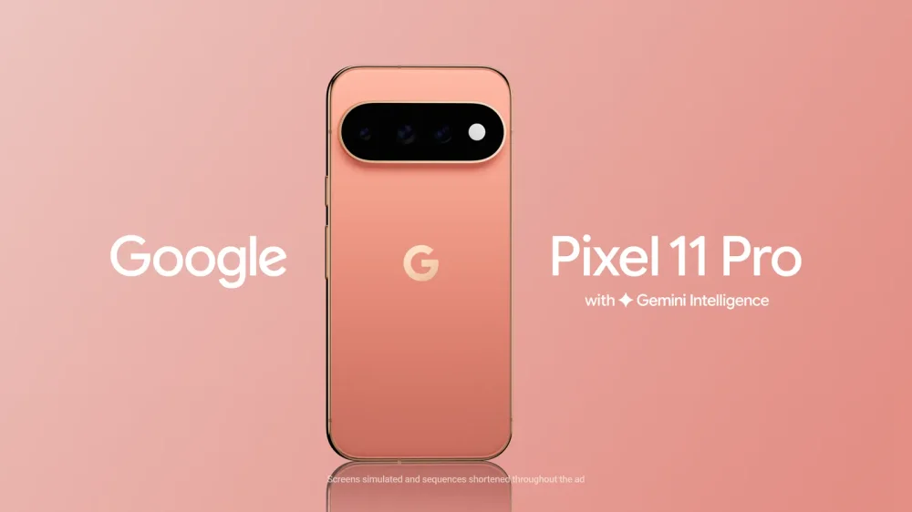 Google Pixel 11 Pro in Canyon, rear view on a pink promotional background.