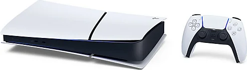 Official PlayStation image of the 825 GB slim PS5 Digital Edition lying horizontally with a DualSense controller.