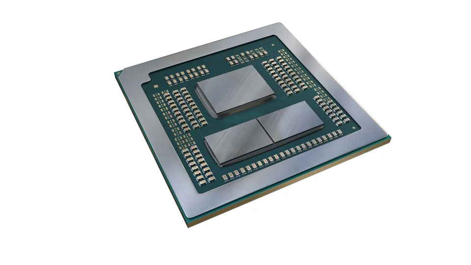 AMD Dragon Range family FL1 mobile processor physical package render with two CPU chiplets and I/O die