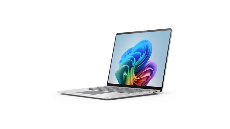 Microsoft Surface Laptop 7th Edition, 15-inch, in Platinum, shown open at an angle